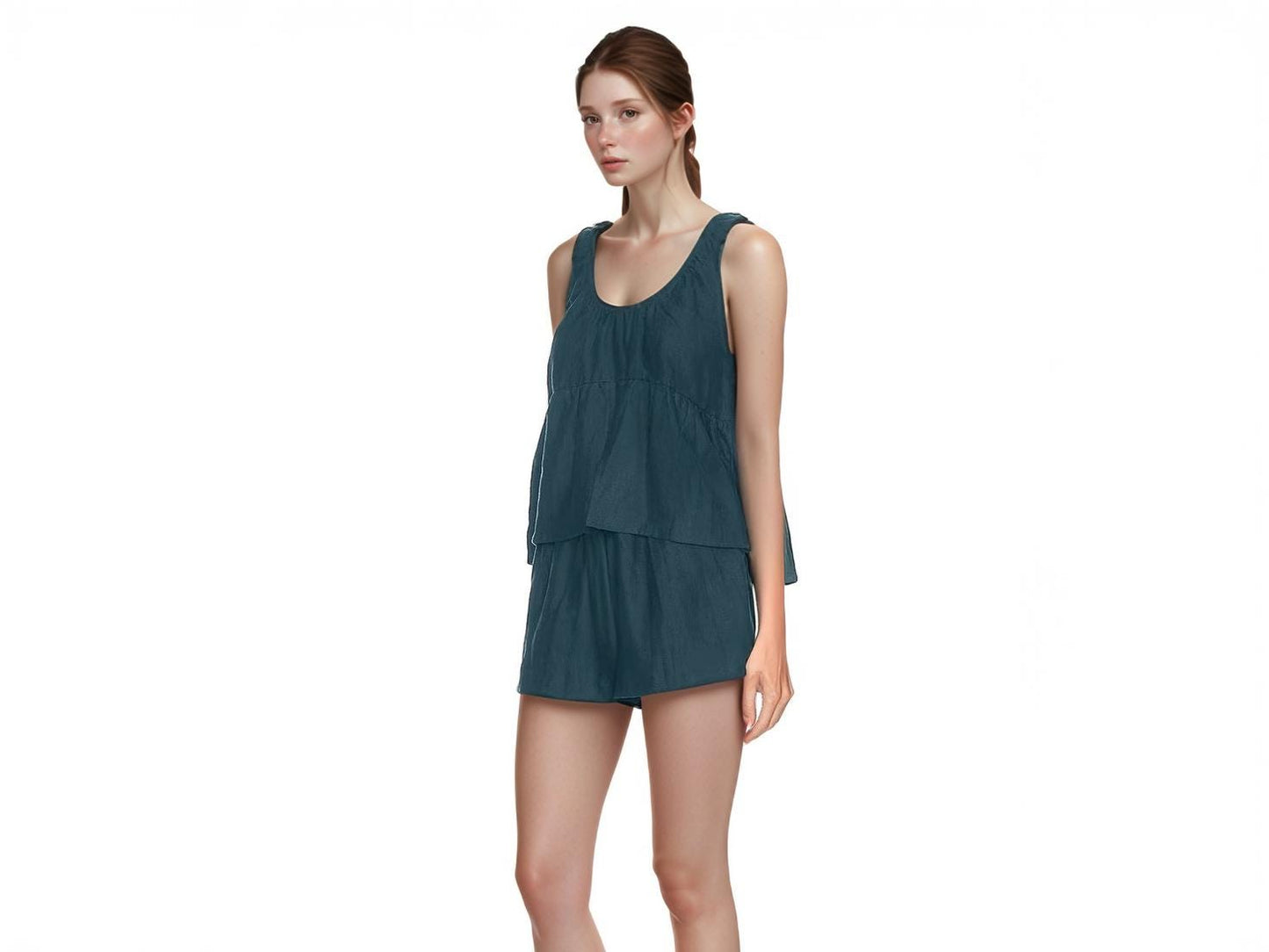 Linen Lounge Set for Women - Sleeveless Two-Piece Summer Outfit with Peplum Top and Shorts | SKU.25T22T4C