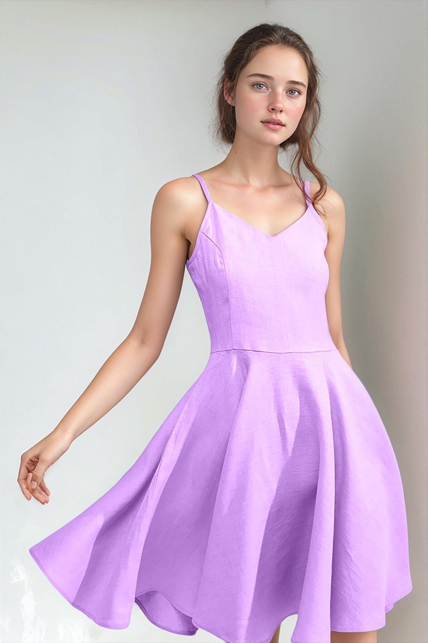 Custom Lavender Linen Flare Dress, Spaghetti Strap Fit and Flare Sundress, Summer Midi Dress for Women, Casual Purple Dress | SKU.25T14T5D
