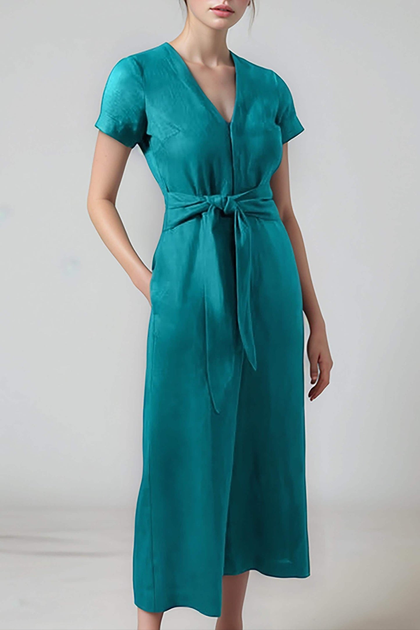 Teal V-Neck Jumpsuit – Elegant Wide-Leg One-Piece with Waist Tie for Effortless Style | SKU.25T11T7I