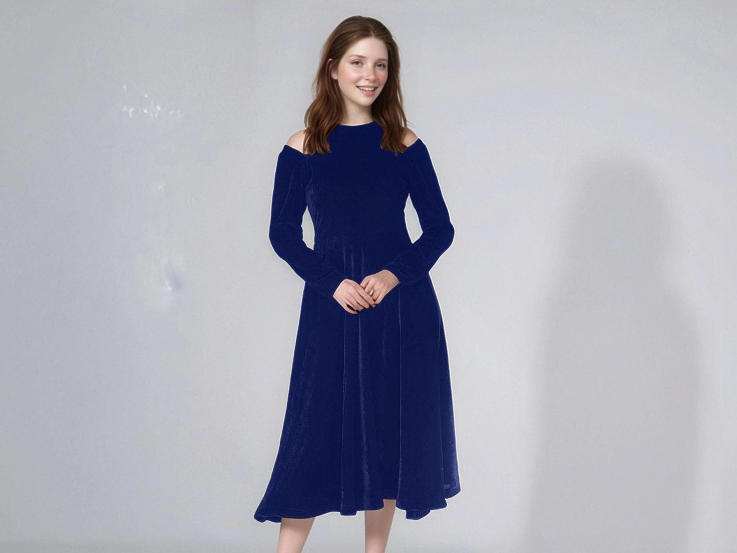 Dark Plum Velvet Midi Dress – Off Shoulder Long Sleeve Fit and Flare Party Dress for Women | SKU.24T17T5H