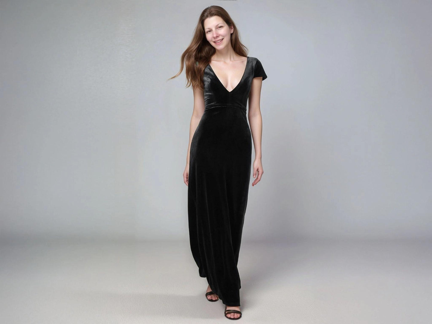 Black Velvet V-Neck Maxi Dress – Elegant Evening Gown with Cap Sleeves | SKU.24T17T5I