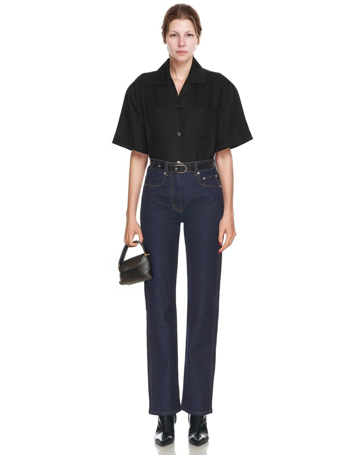 Black Linen Button-Up Shirt - Short Sleeve Collared Top with Chest Pockets, Lightweight Summer Linen Clothing | SKU.25T22T4P