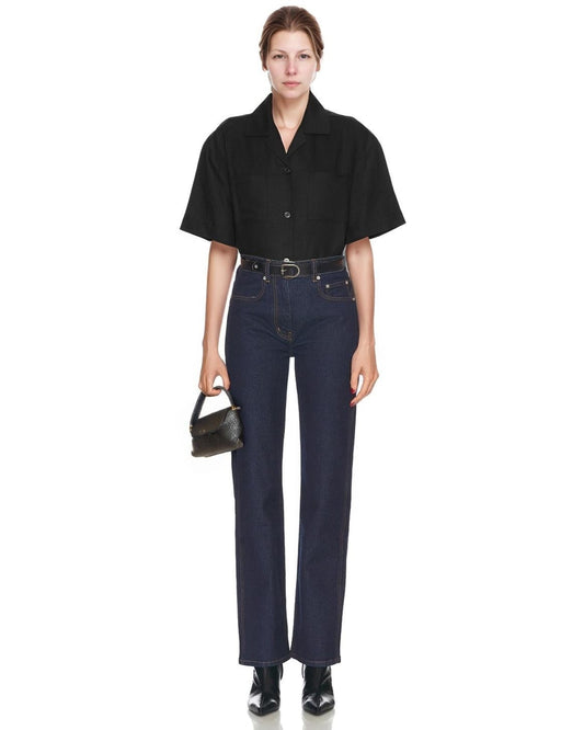 Black Linen Button-Up Shirt - Short Sleeve Collared Top with Chest Pockets, Lightweight Summer Linen Clothing | SKU.25T22T4P