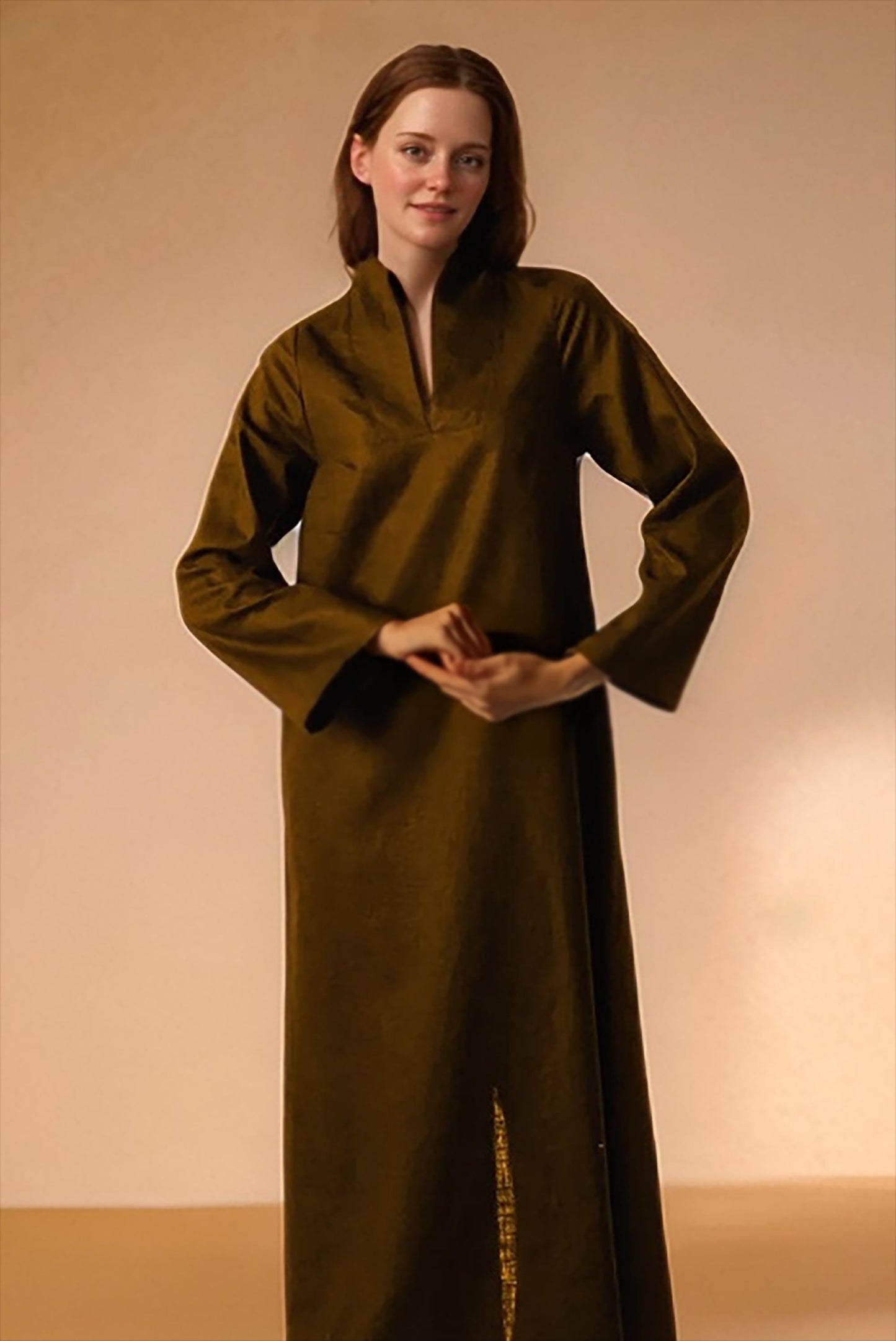 Minimalist Brown Linen Kaftan Dress, Long Sleeve Natural Fiber Maxi Dress | SKU.25T11T2E