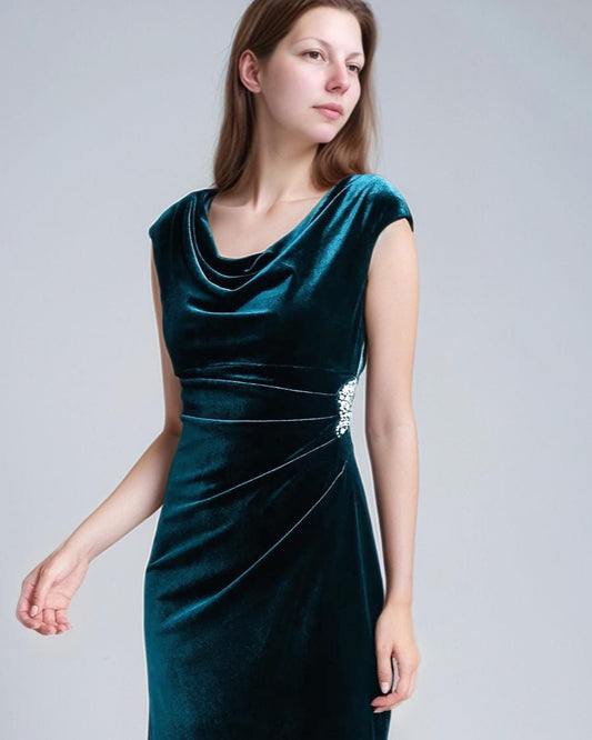 Teal Velvet Midi Dress with Cowl Neckline and Brooch Detail – Elegant Cocktail & Evening Dress | SKU.25T17T6E