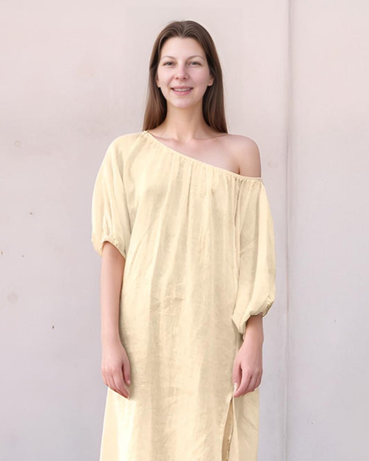 Off-Shoulder Maxi Linen Dress with Side Slit - Elegant Beige | SKU.25T11T7B