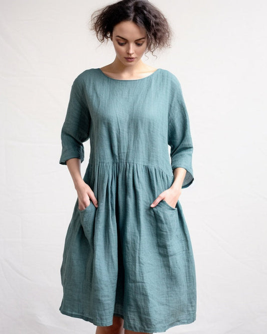 Women's Fashion for Casual Elegance | Linen Circle Dress with Pockets | Knee-Length Skater Dress | Customizable | Personalizable | 230807B