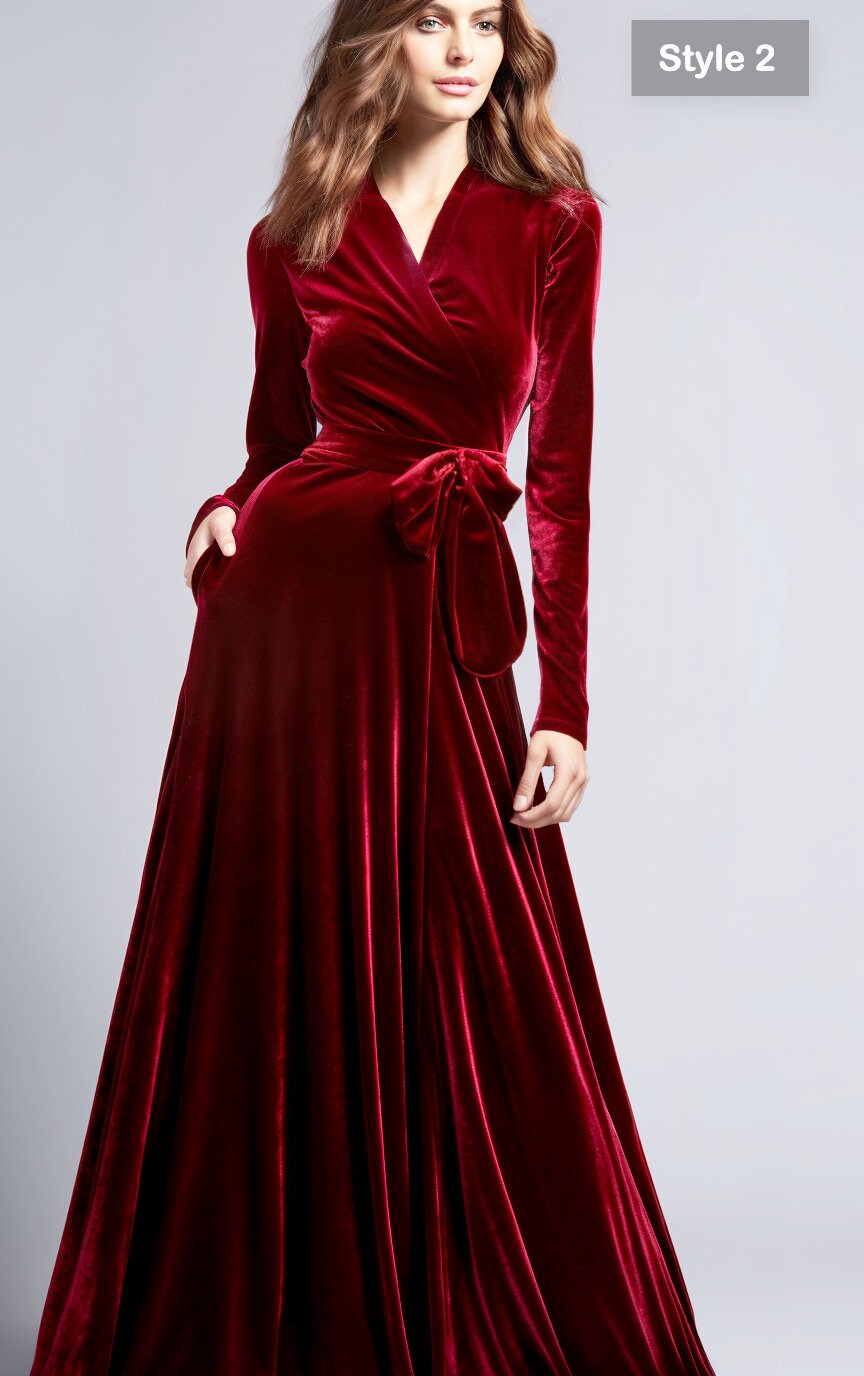 Maroon Velvet Retro Glam Maxi Dress | Bridesmaid Dress | Refined Technique, and Wrap Neck | Vintage Elegance for a Timeless Look