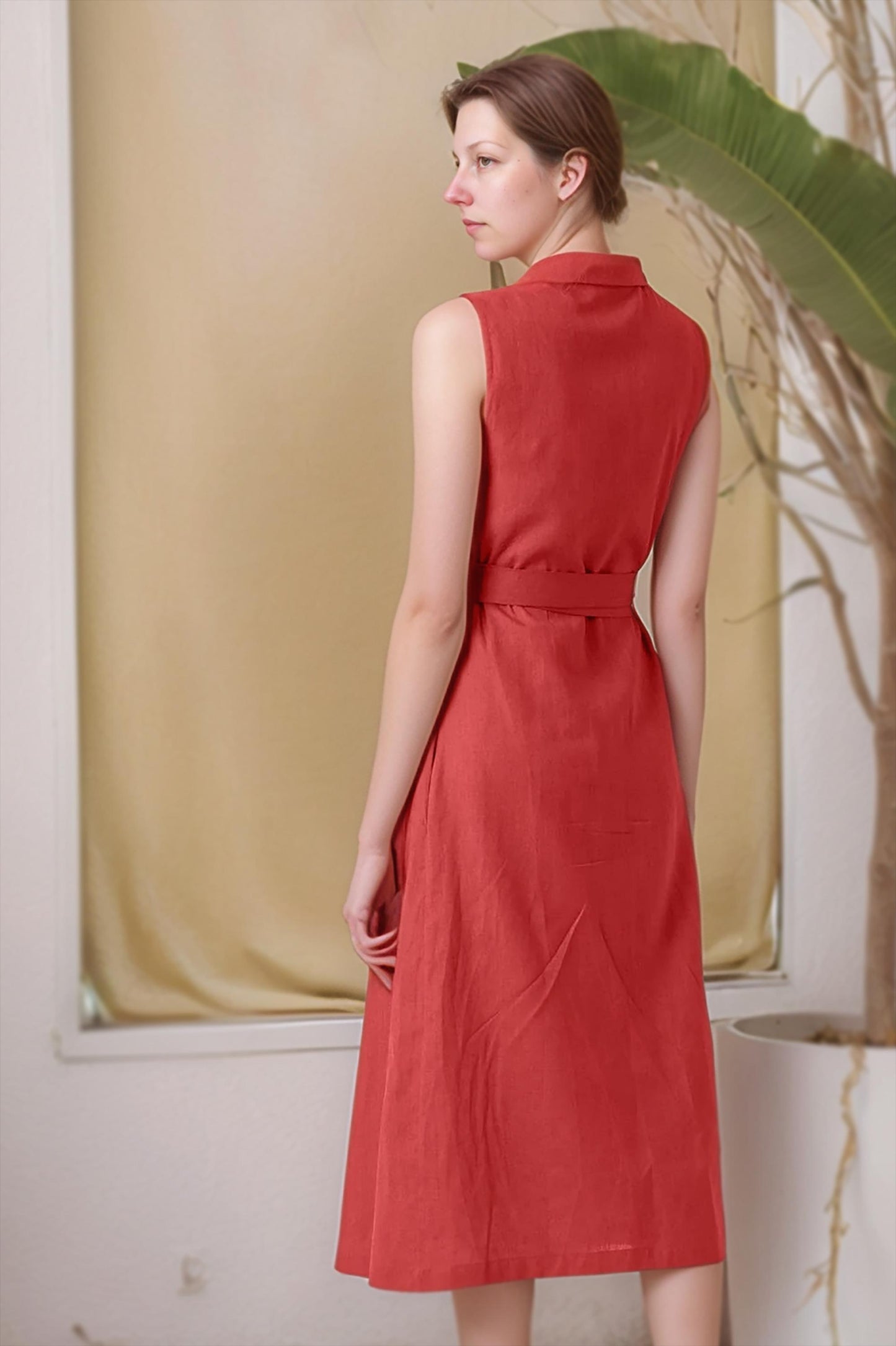 Red Linen Wrap Dress – Sleeveless Summer Midi Dress with Tie Waist | SKU.25T11T3B