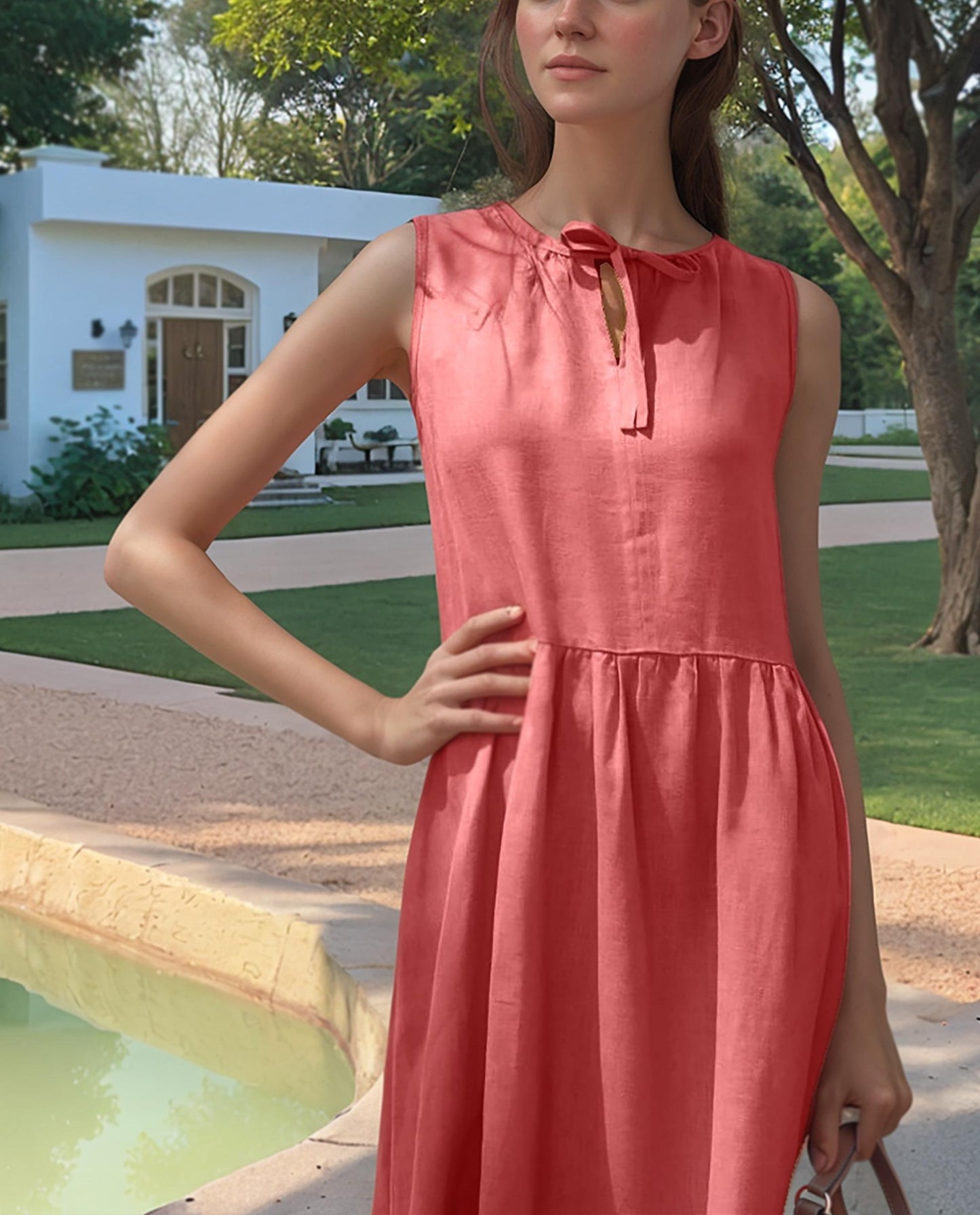 Rust Red Linen Midi Dress | Sleeveless Summer Sundress for Women | SKU.25T11T4B