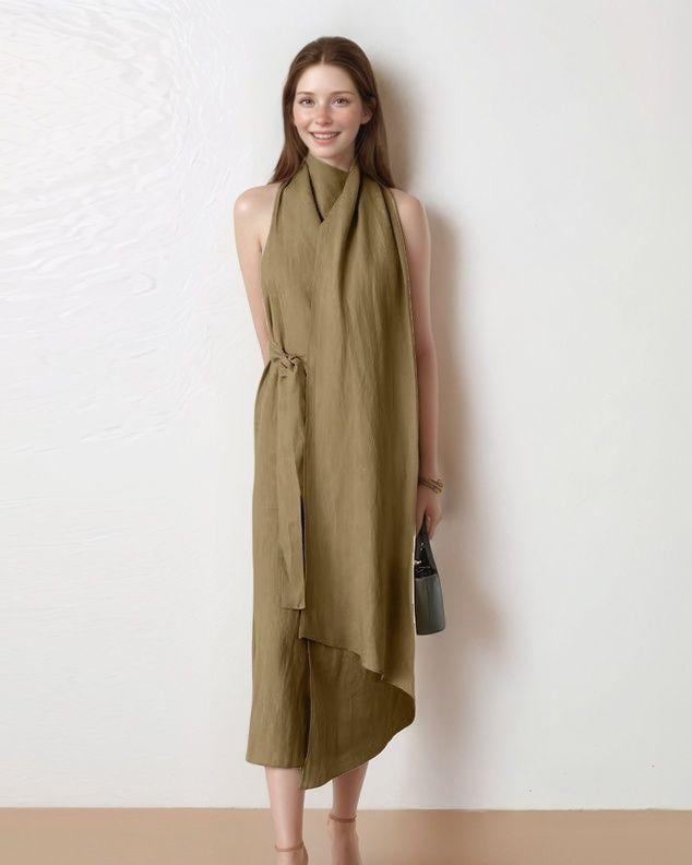 Linen Halter Neck Midi Dress with Scarf Detail, Asymmetrical Wrap Design, Customizable Summer Vacation Dress | SKU.25T15T3N