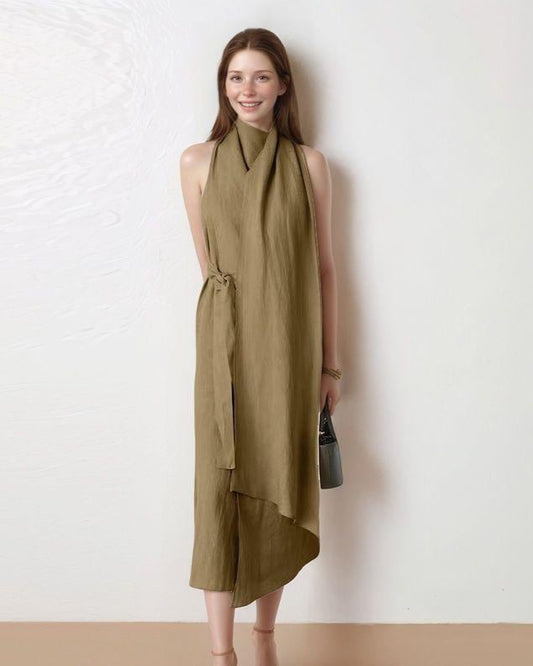 Linen Halter Neck Midi Dress with Scarf Detail, Asymmetrical Wrap Design, Customizable Summer Vacation Dress | SKU.25T15T3N