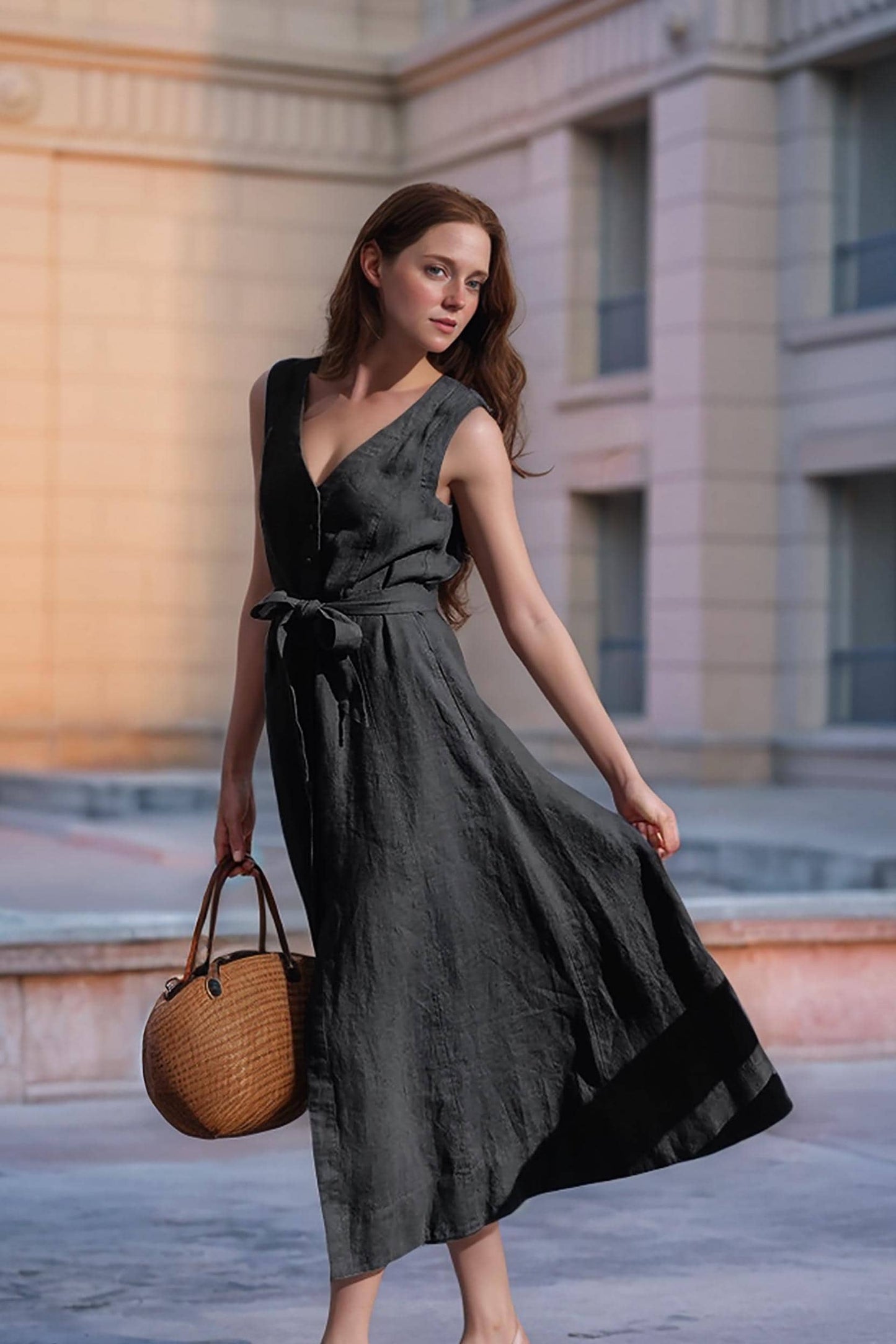 Sleeveless Black Linen Maxi Dress, V-Neck Button Front, Waist Tie, Summer Boho Chic, Custom Fit, Elegant Casual Dress | SKU.25T14T7K