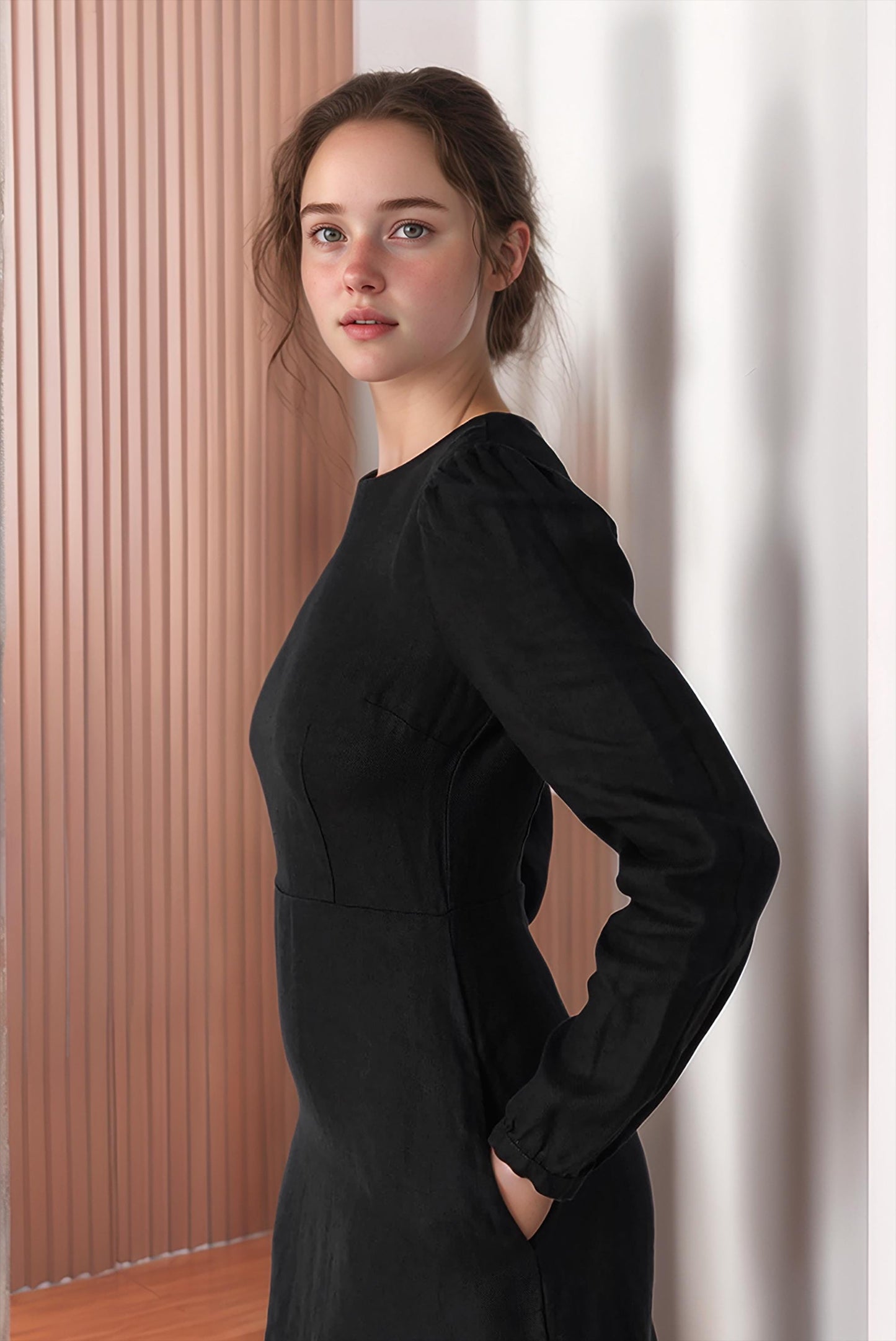 Elegant Black Linen Mini Dress – Long Sleeve A-Line Dress for Effortless Chic | SKU.25T11T5C