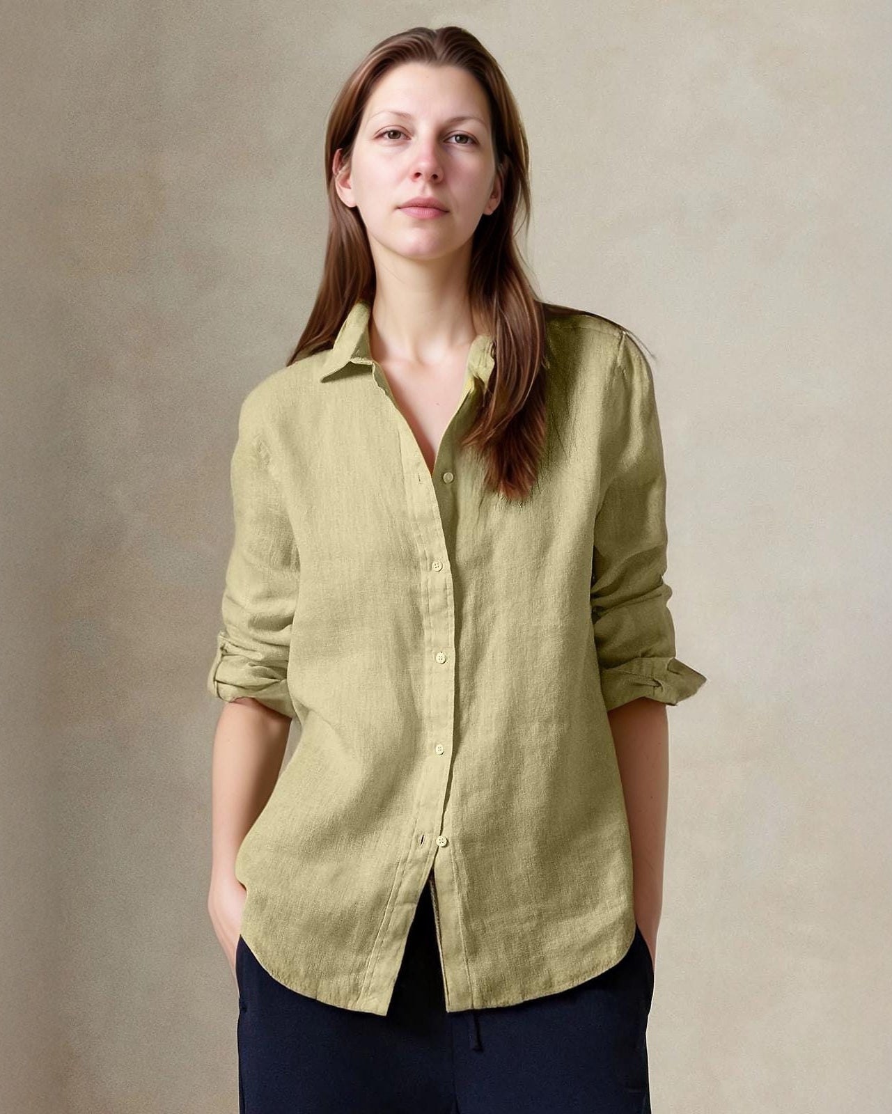 Women's Long Sleeve Linen Shirt - Soft Breathable Natural Fabric, Relaxed Fit Button-Down, Lightweight Casual Blouse | SKU.25T22T5E