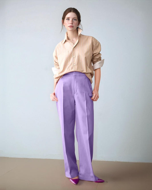 High-Waisted Purple Linen Wide Leg Pants, Relaxed Fit Summer Trousers, Elegant Workwear and Casual Style | SKU.25T11T8B