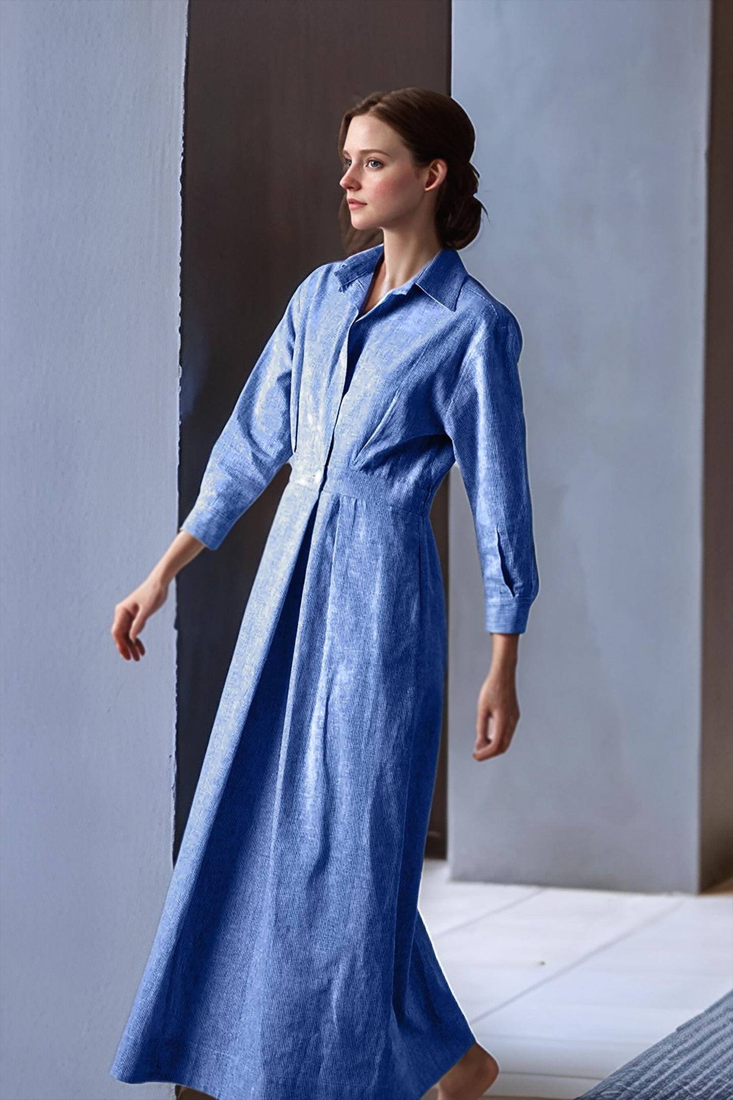Blue Linen Shirt Dress for Women, Long Sleeve Maxi Dress with Pleated Waist | SKU.25T11T2F