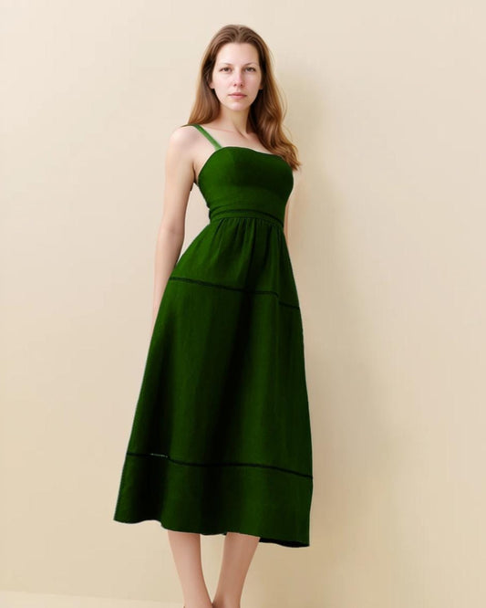 Green Linen Midi Dress with Square Neckline, Straps, and Tiered Skirt — Summer Sundress, Customizable Fit | SKU.25T15T3U
