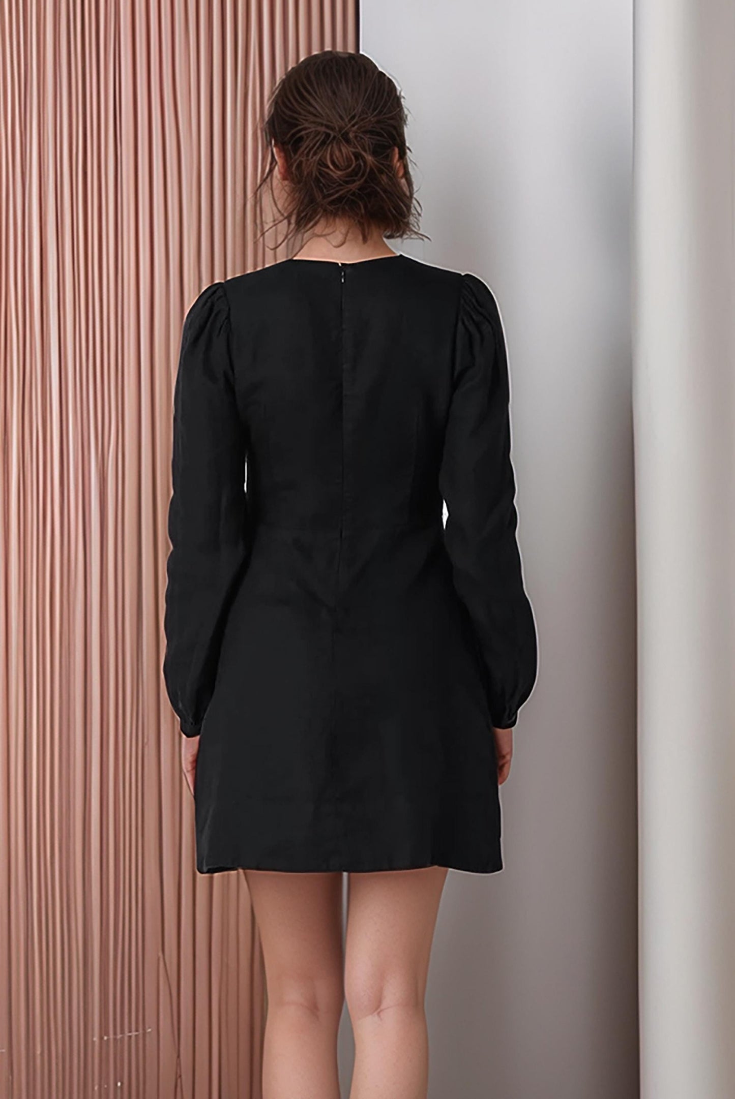 Elegant Black Linen Mini Dress – Long Sleeve A-Line Dress for Effortless Chic | SKU.25T11T5C