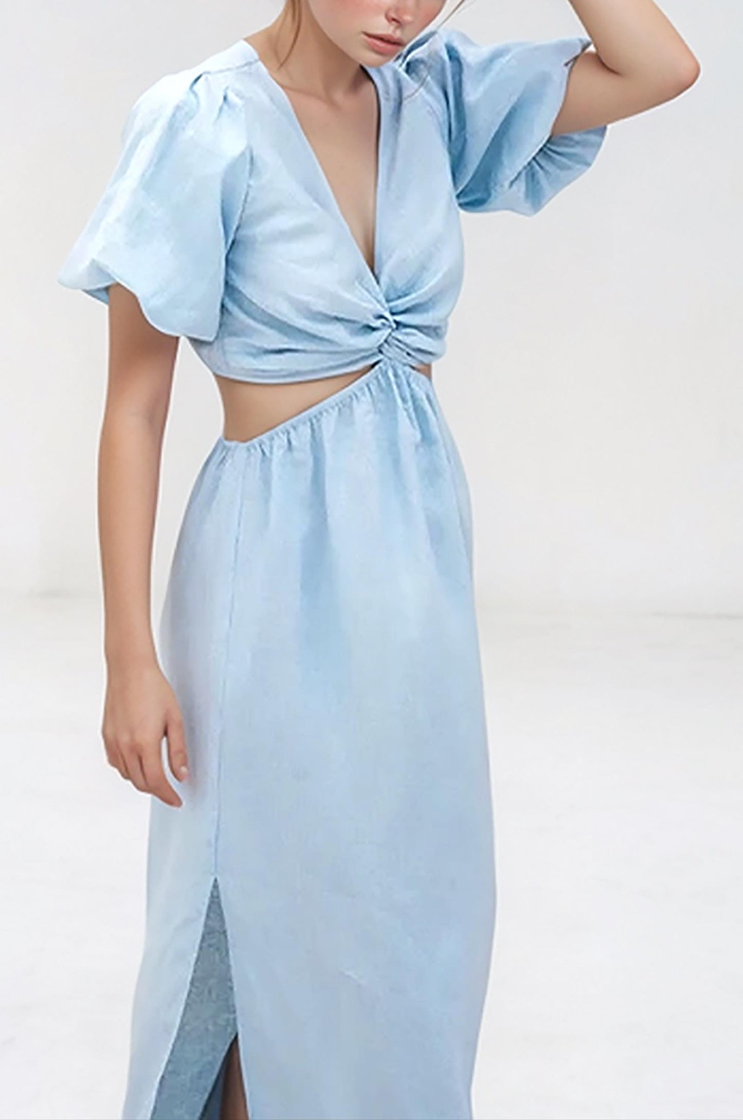 Puff Sleeve Cut-Out Linen Dress, Baby Blue Two-Piece Dress, Summer Vacation Dress, Boho Chic Maxi Dress | SKU.25T15T3G