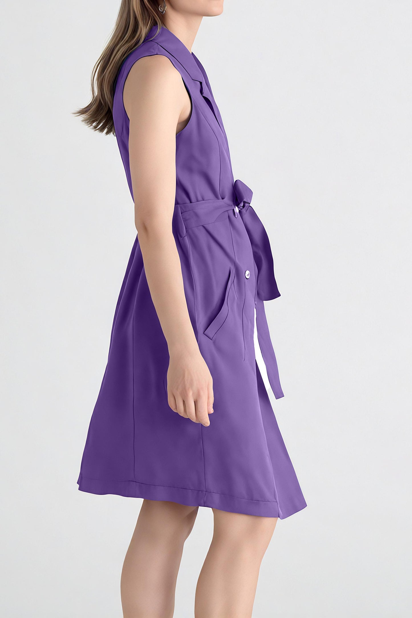 Sleeveless Purple Linen Vest Dress – Double Breasted Belted Midi Dress with Pockets for Women | SKU.25T09T6F