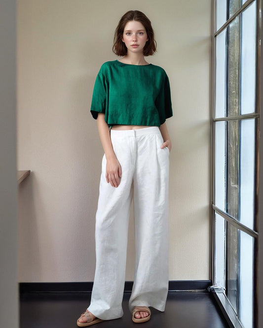 High Waist White Linen Pants - Wide Leg Summer Trousers, Loose Fit Minimalist Elastic Linen Pants with Pockets | SKU.25T15T5D