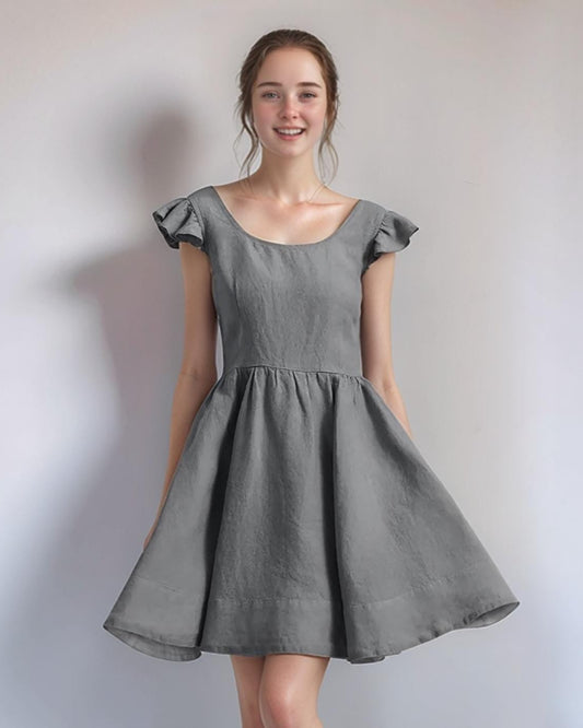 Vintage-Inspired Linen Dress – Elegant Ruffled Cap Sleeve A-Line Dress for Women | SKU.25T11T5I