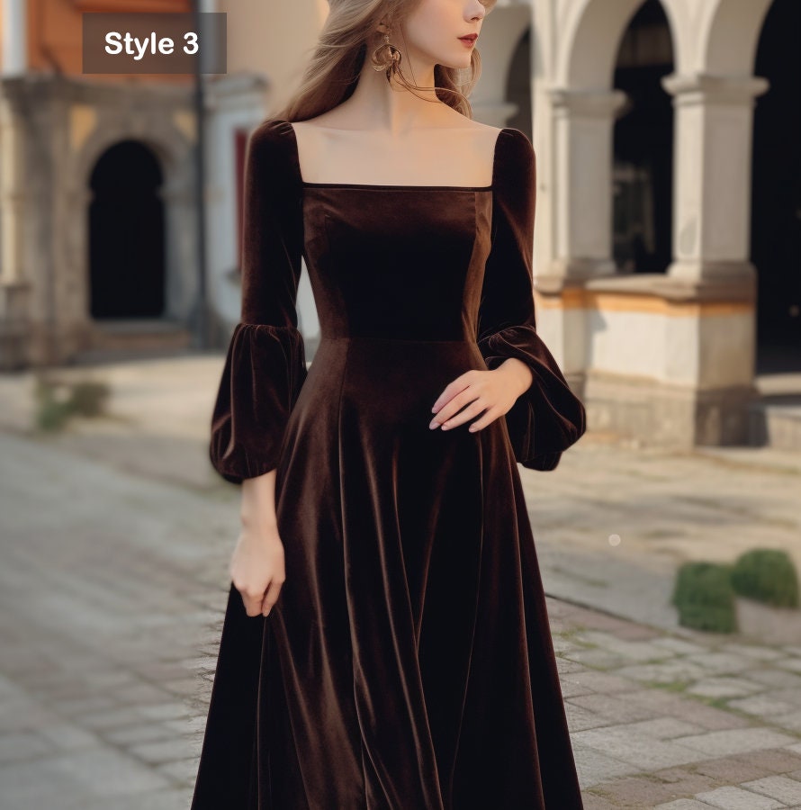 Women's Velvet Midi Dress with Puff Sleeves | Bridesmaid Dress | Spring Fall Winter Fashion | Plus Size Fit | Customizable | Personalizable