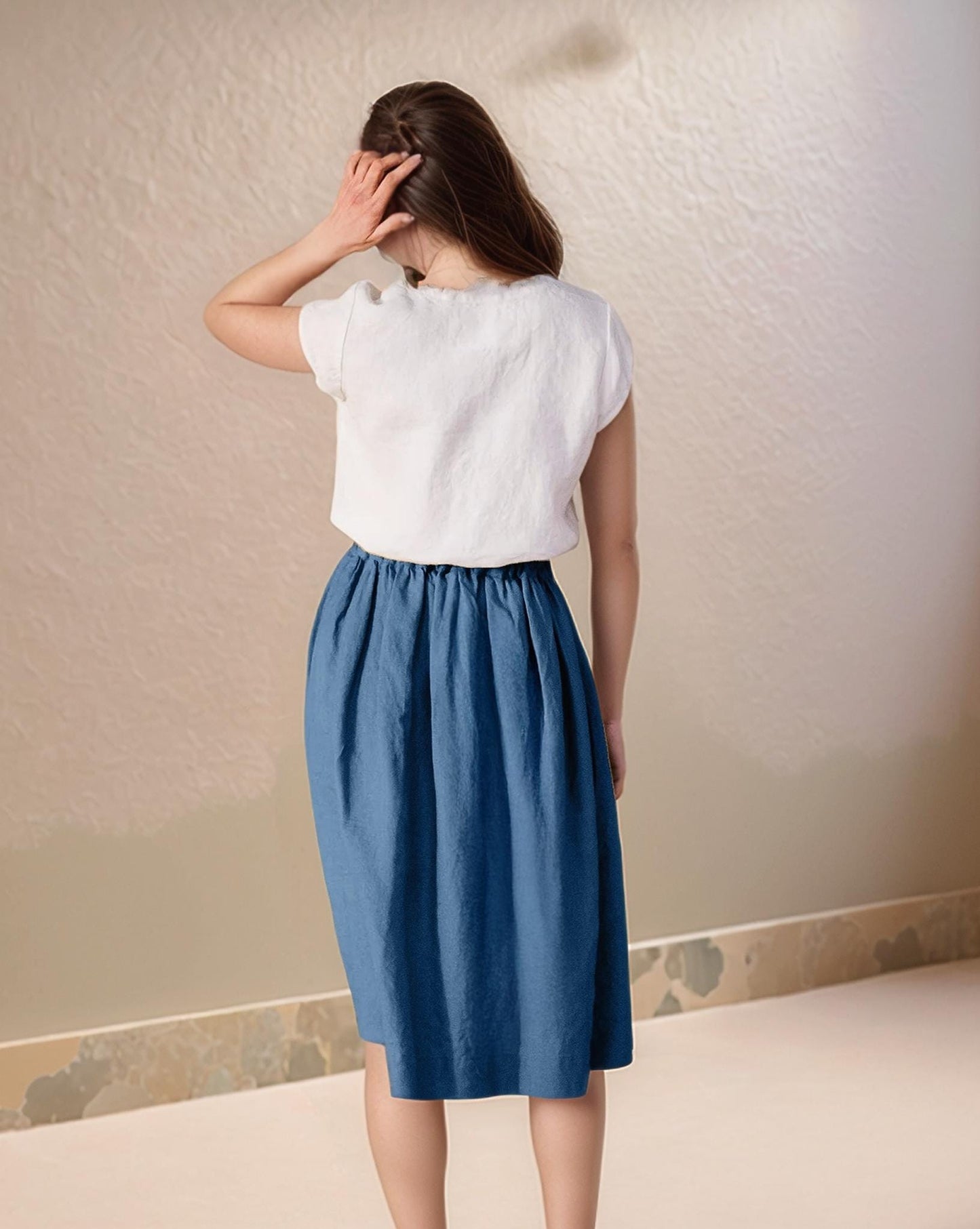 High-Waisted Linen Midi Skirt with Gathered Waist and Pockets, Retro 1950s A-Line Flared Skirt, Custom Fit for Women| SKU.25T22T2T