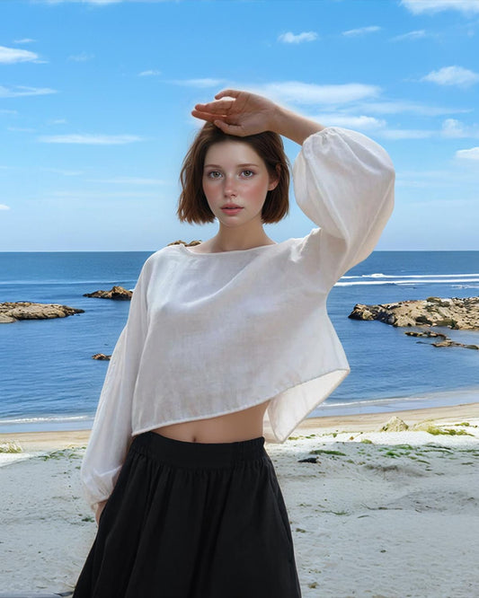 White Linen Blouse for Women - Long Puff Sleeve, Cropped Relaxed Fit, Boho Coastal Top, Handmade Summer Shirt | SKU.25T15T5C