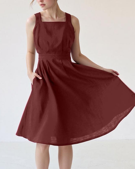 Sleeveless Linen Midi Dress with Square Neck and Cross-Back Straps - Summer Fit and Flare Sundress | SKU.25T14T3K