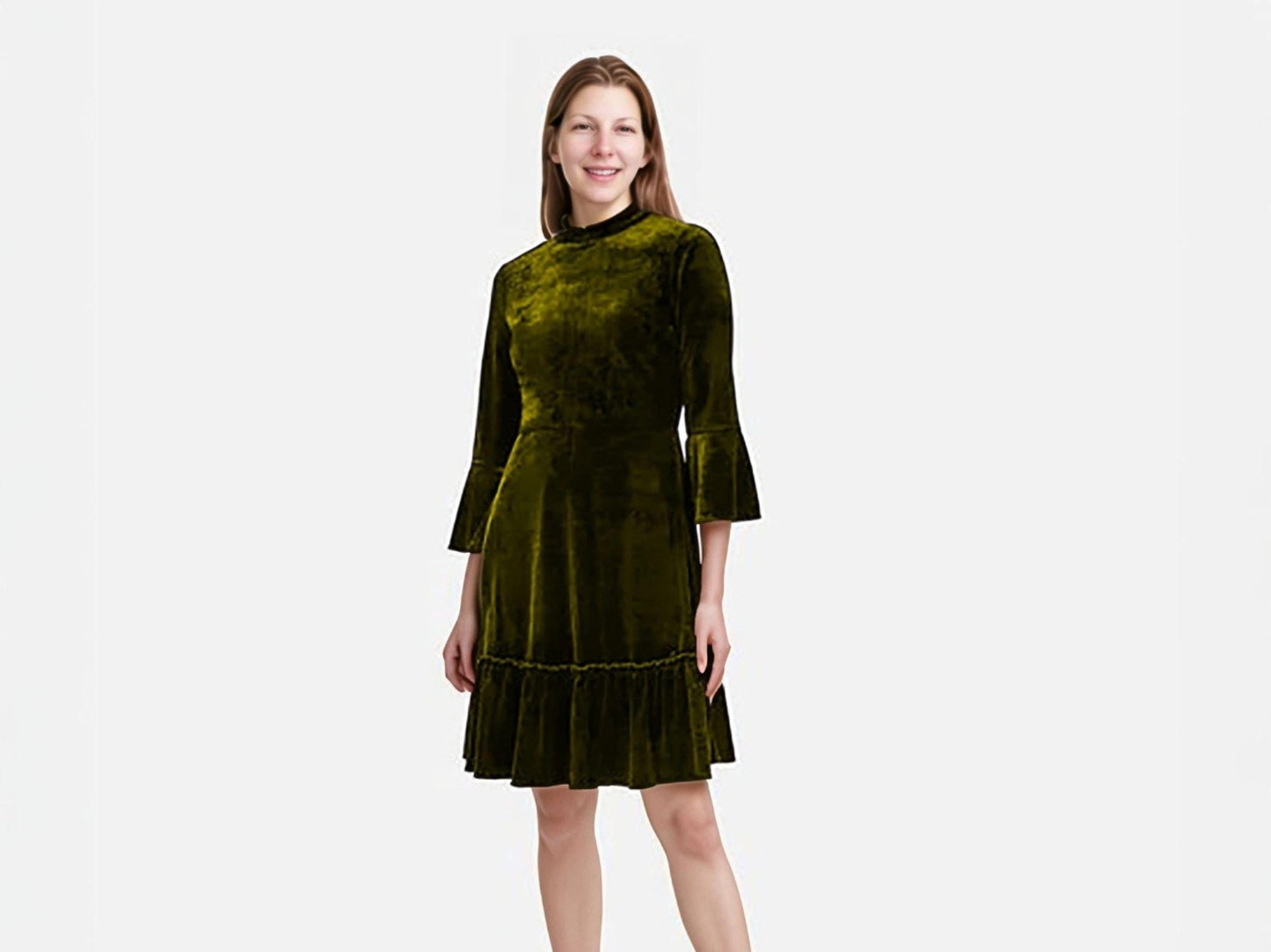 Vintage Olive Velvet Dress - High Neck Flare Sleeve Dress, Ruffled Hem Midi Dress, Elegant Retro Evening Dress | SKU.24T17T5M