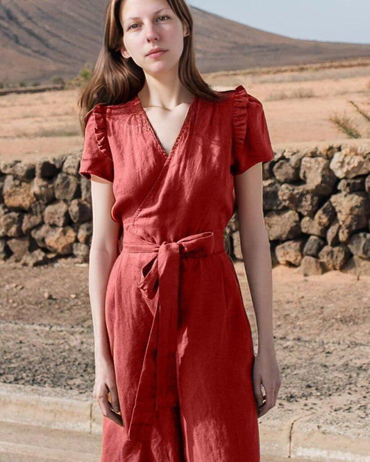 Linen Wrap Jumpsuit with Ruffle Sleeves, Wide Culotte Legs, Maxi Romper, Summer Outfit, Puff Sleeve, Waist Tie | SKU.25T22T3C