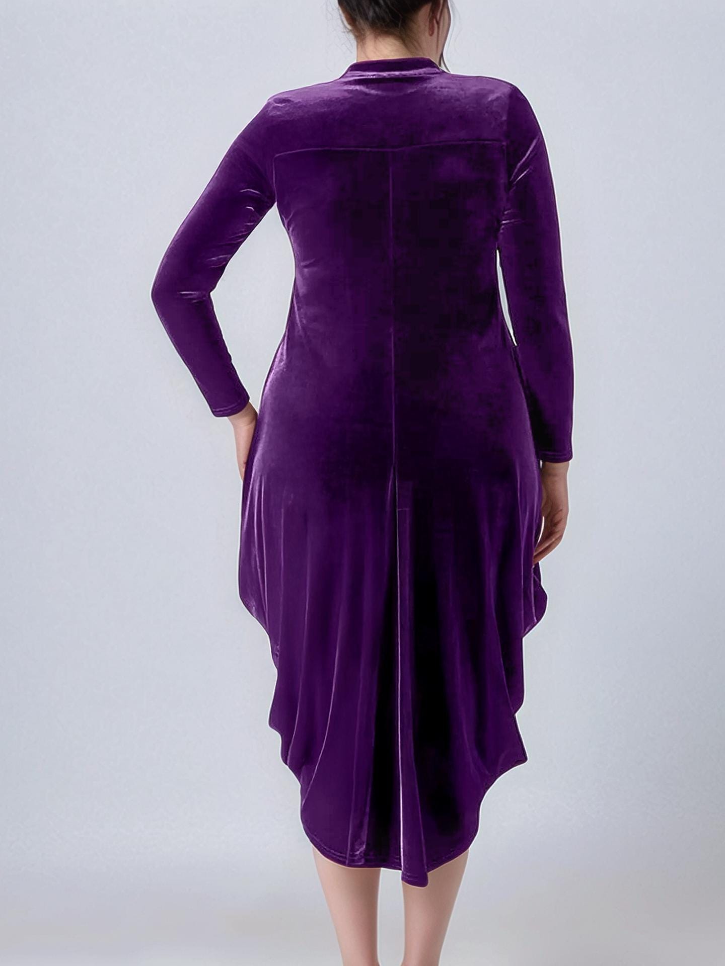 Purple Velvet Midi Dress with Asymmetrical Hem and Pockets – Long Sleeve Plus Size Party Dress | SKU.25T17T6L