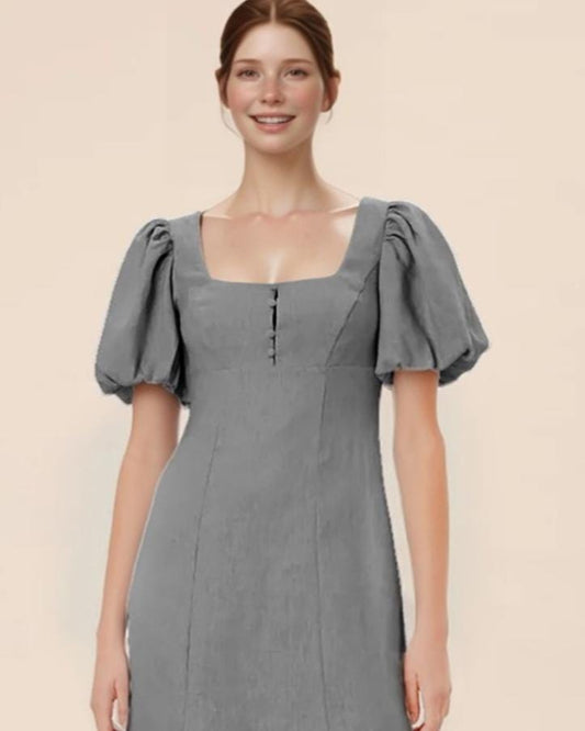 Custom Puff Sleeve Cottagecore Dress, Square Neck Midi Linen-Blend Gown, Romantic Vintage-Inspired Formal Dress | SKU.25T14T4P