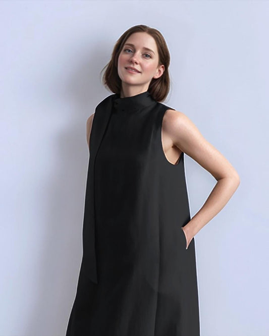 Elegant Black Sleeveless Shift Dress – Minimalist Asymmetric Neckline | SKU.25T11T3A