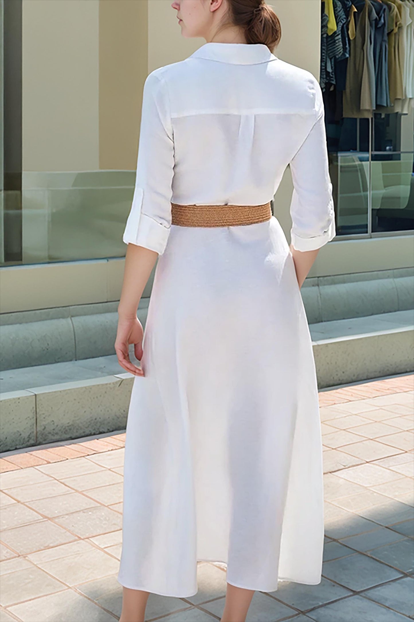 White Linen Shirt Dress for Women — Made to Order, Collared Midi Dress with Belt, Custom Summer Beach Dress | SKU.25T15T3D