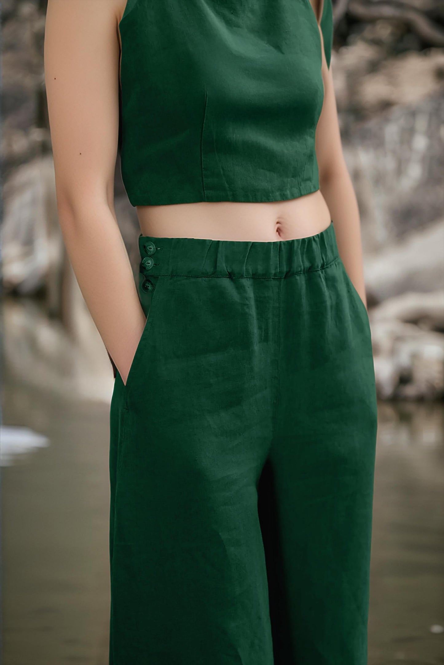 Linen Two Piece Set Women | Summer Wide Leg Pants and Crop Top Set | Sleeveless Green Linen Outfit | SKU.25T11T4E