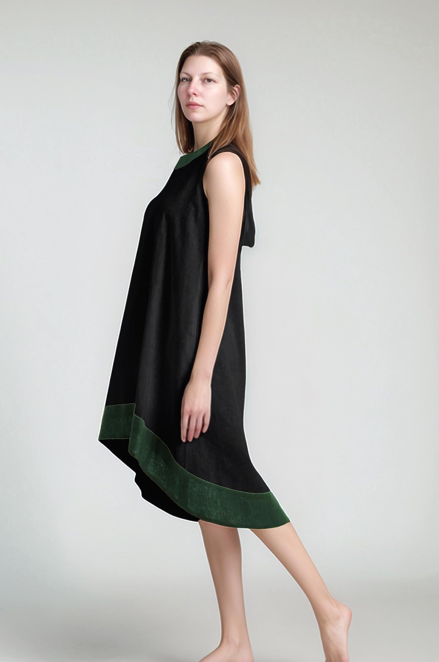 Black Linen Sleeveless Dress – High Low Hem A-Line Dress with Green Trim | SKU.25T11T3E