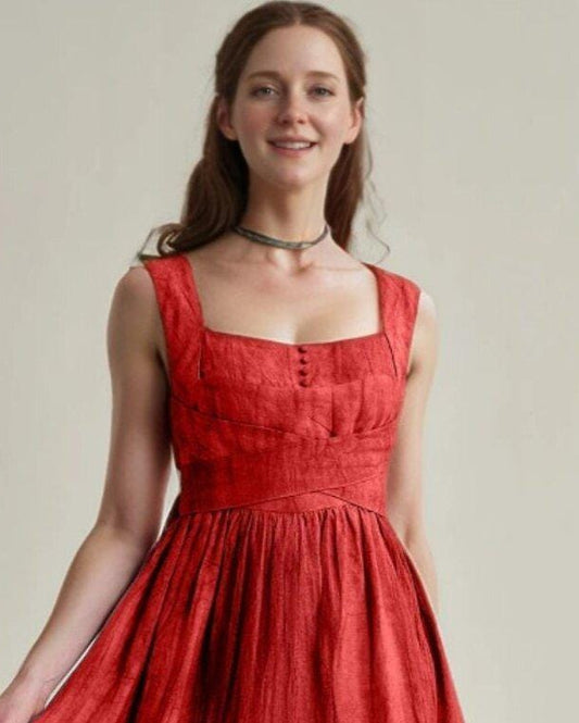 Custom Red Midi Dress, Vintage Style Sleeveless Summer Dress, Elegant Back Bow Dress, Retro Party Outfit | SKU.25T14T6E