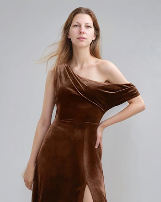 Brown Velvet One-Shoulder Maxi Dress with Slit | Formal Evening Gown | SKU.24T17T5D