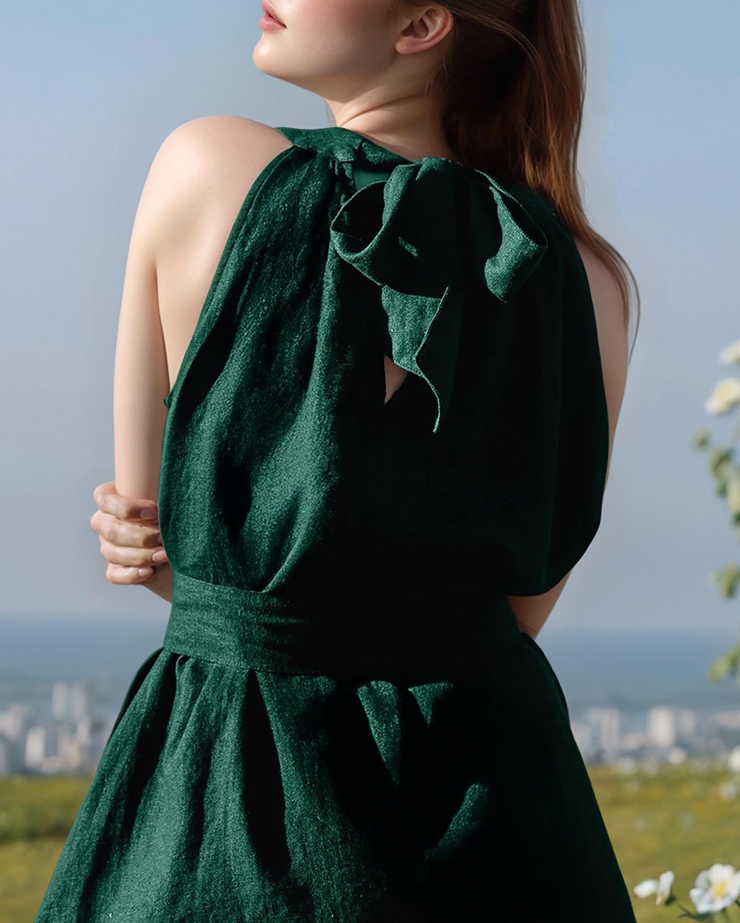 Custom Halter Neck Linen Blend Dress - Sleeveless Summer Sundress with Waist Tie for Parties & Vacations | SKU.25T14T4C