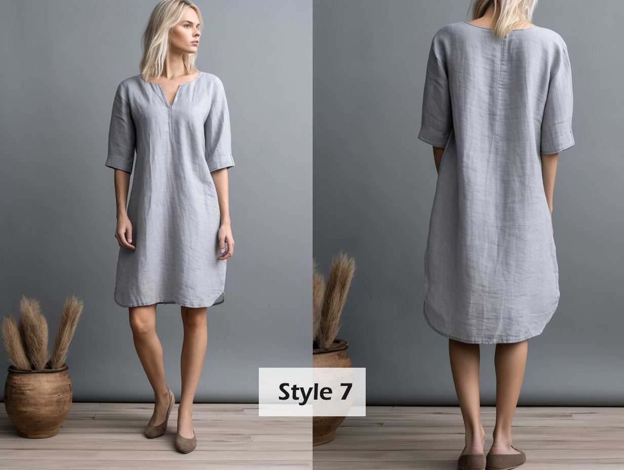 Versatile Linen Dress with Pockets | Split Neck and 3/4 Sleeves | Stylish Linen Shift Dress