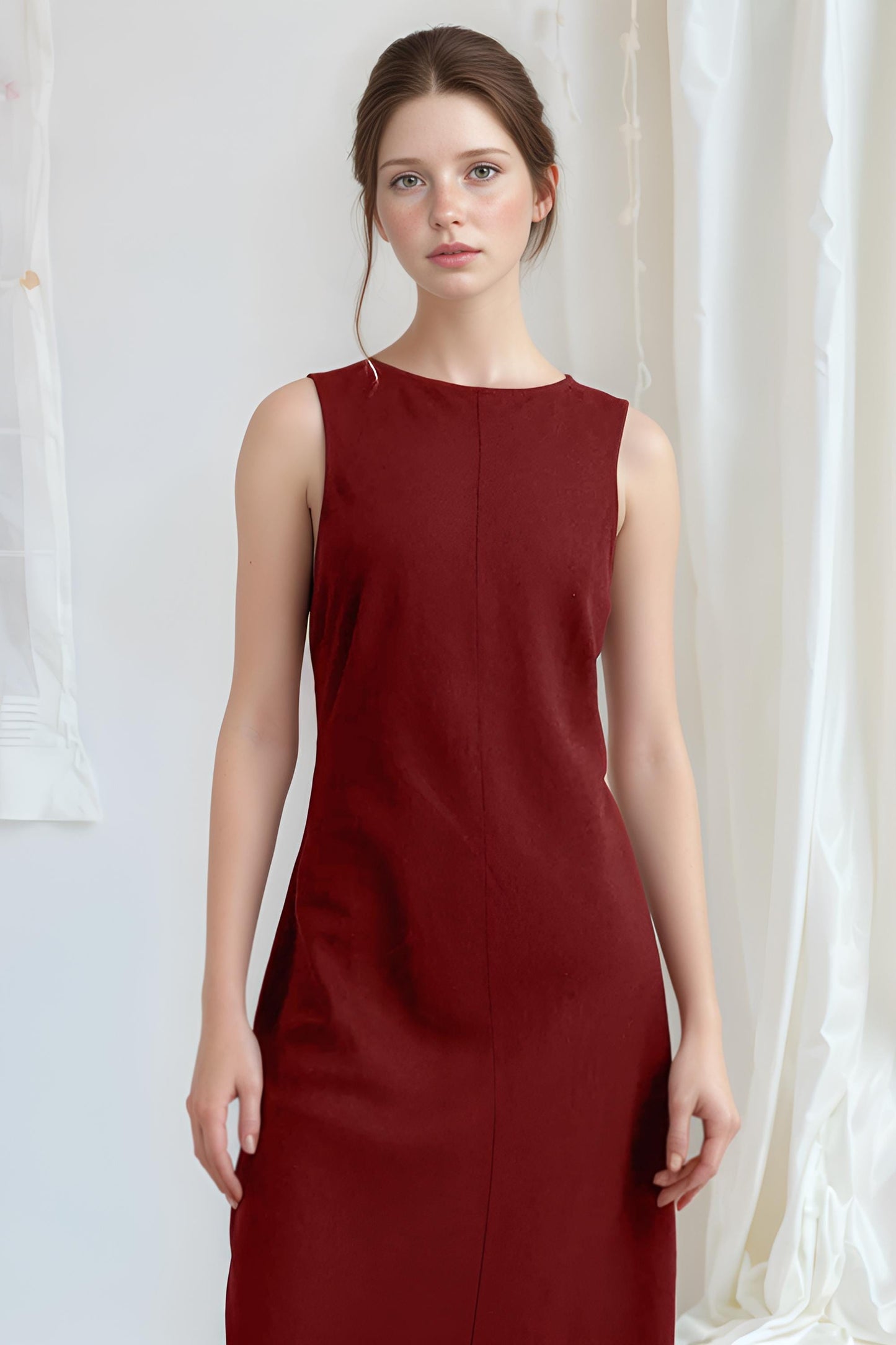 Sleeveless Burgundy Linen Maxi Dress, Elegant Minimalist Long Dress, Natural Fiber Summer Dress for Women | SKU.25T11T3I