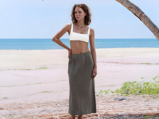 Linen Midi Skirt with Drawstring Waist - Minimalist Summer Skirt, Casual Loose Fit, Beach Style | SKU.25T15T5B