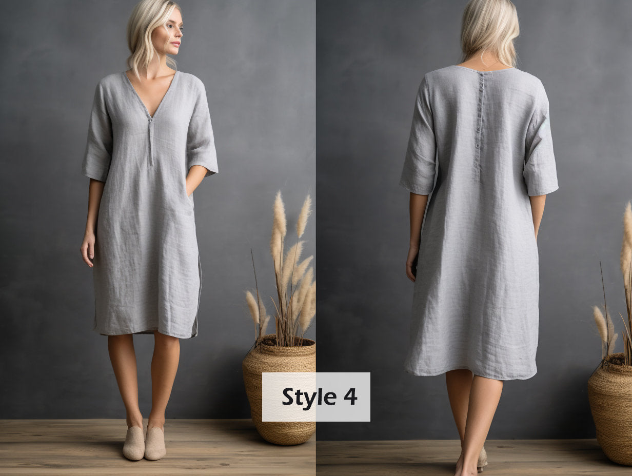 Versatile Linen Dress with Pockets | Split Neck and 3/4 Sleeves | Stylish Linen Shift Dress
