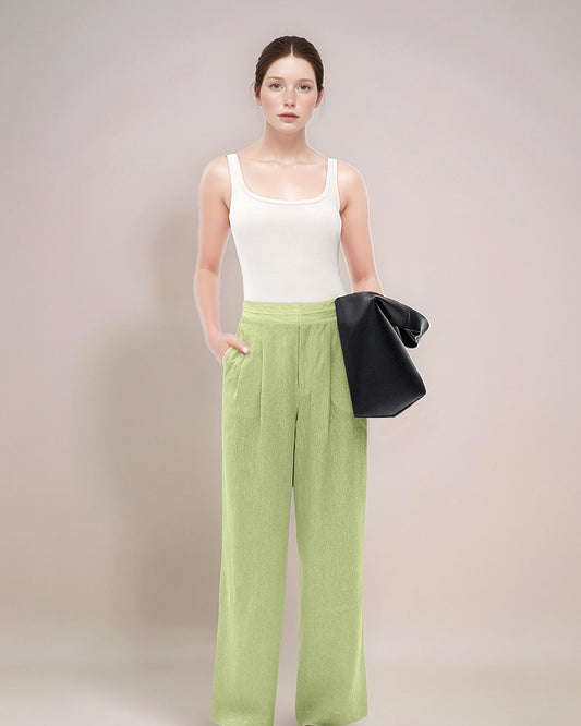 Elegant High-Waisted Wide-Leg Linen Pants - Pastel Green | SKU.25T11T6E