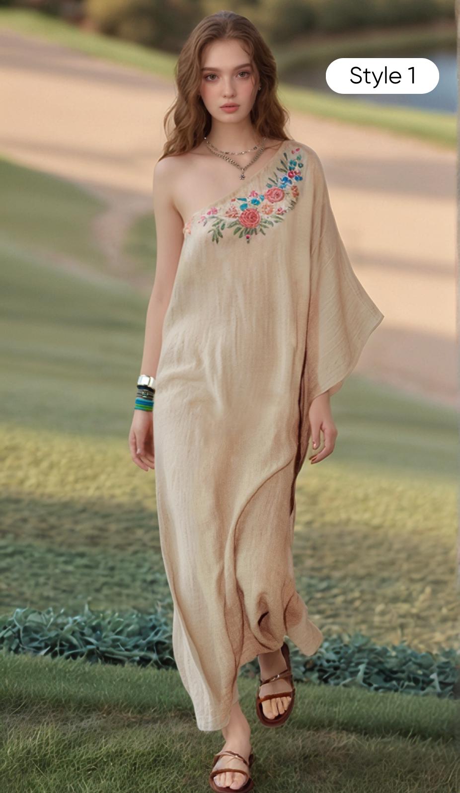 Bohemian One Shoulder Linen Maxi Dress - Embroidered Asymmetrical Kaftan | SKU.241225B