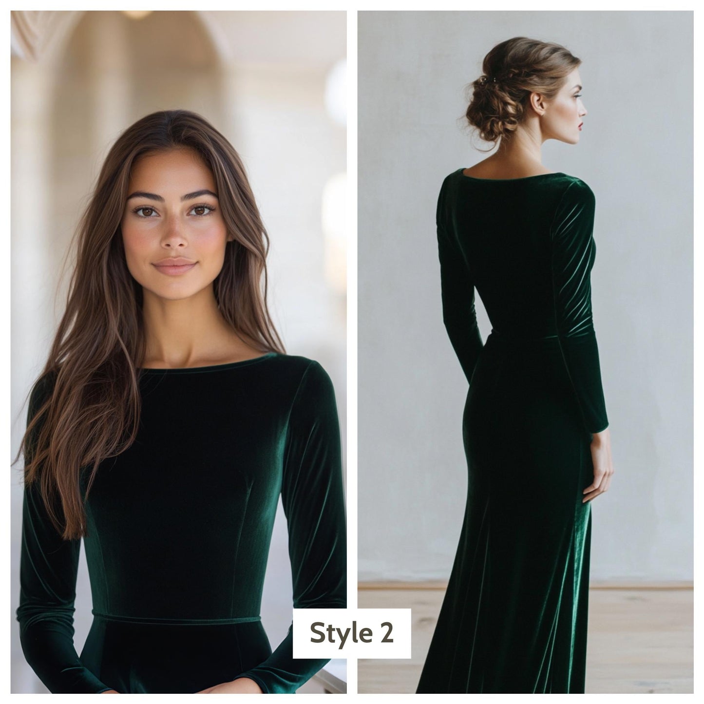 Custom Green Velvet Evening Gown, Personalized Boat Neck Dress, Tailored Long Sleeve Formal Gown | 241028B