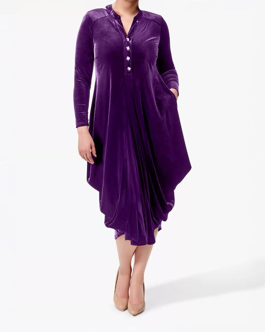 Purple Velvet Midi Dress with Asymmetrical Hem and Pockets – Long Sleeve Plus Size Party Dress | SKU.25T17T6L
